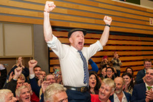 Michael Healy-Rae celebrates after topping the poll and being elected on the first count in Kerry in the 2024 General Election