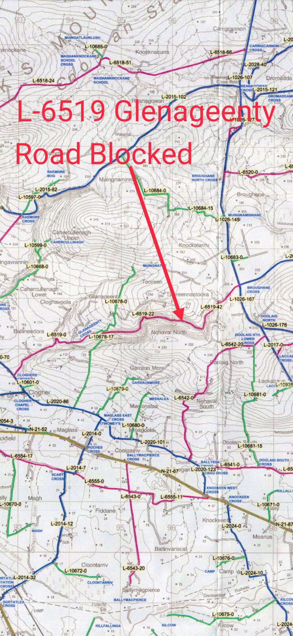 Jan 1, 2024 - Kerry County Council says the local road L6519 between Glanageenty Car Park and Broughane Cross near the Captain Monteith Memorial Road is closed until further notice and until a full assessment is completed. 