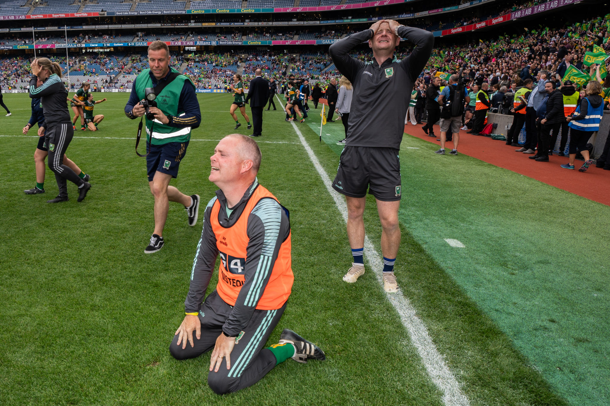 Kerry managers Declan Quill and Darragh Long their victory after Kerry v Galway in the TG4 LGFA All-Ireland Ladies Senior Football Championship Final at Croke Park, Dublin. Photo: David Corkey/Radio Kerry Sport