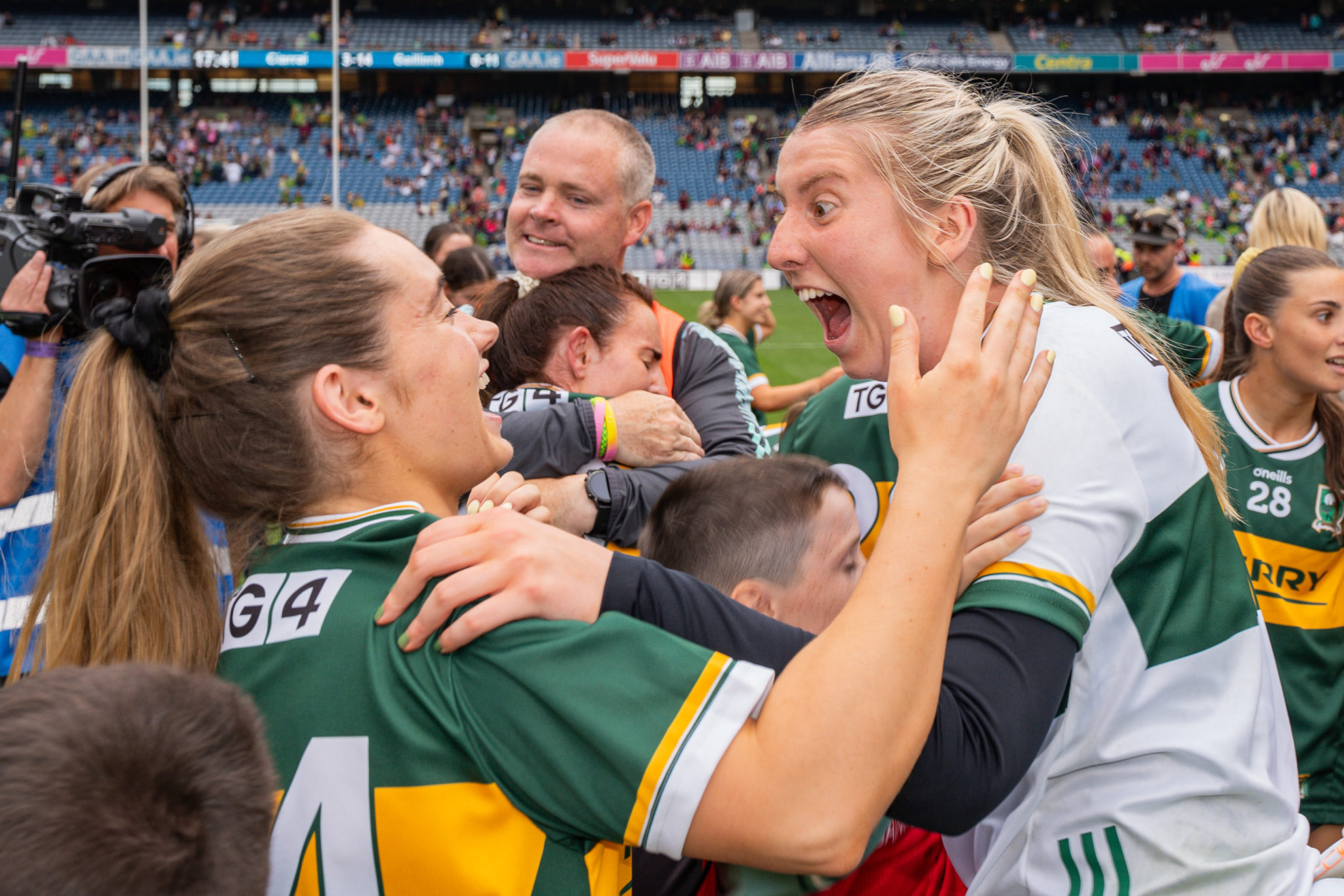 Ciara Butler and Ciara McCarthy celebrate after Kerry v Galway in the TG4 LGFA All-Ireland Ladies Senior Football Championship Final at Croke Park, Dublin