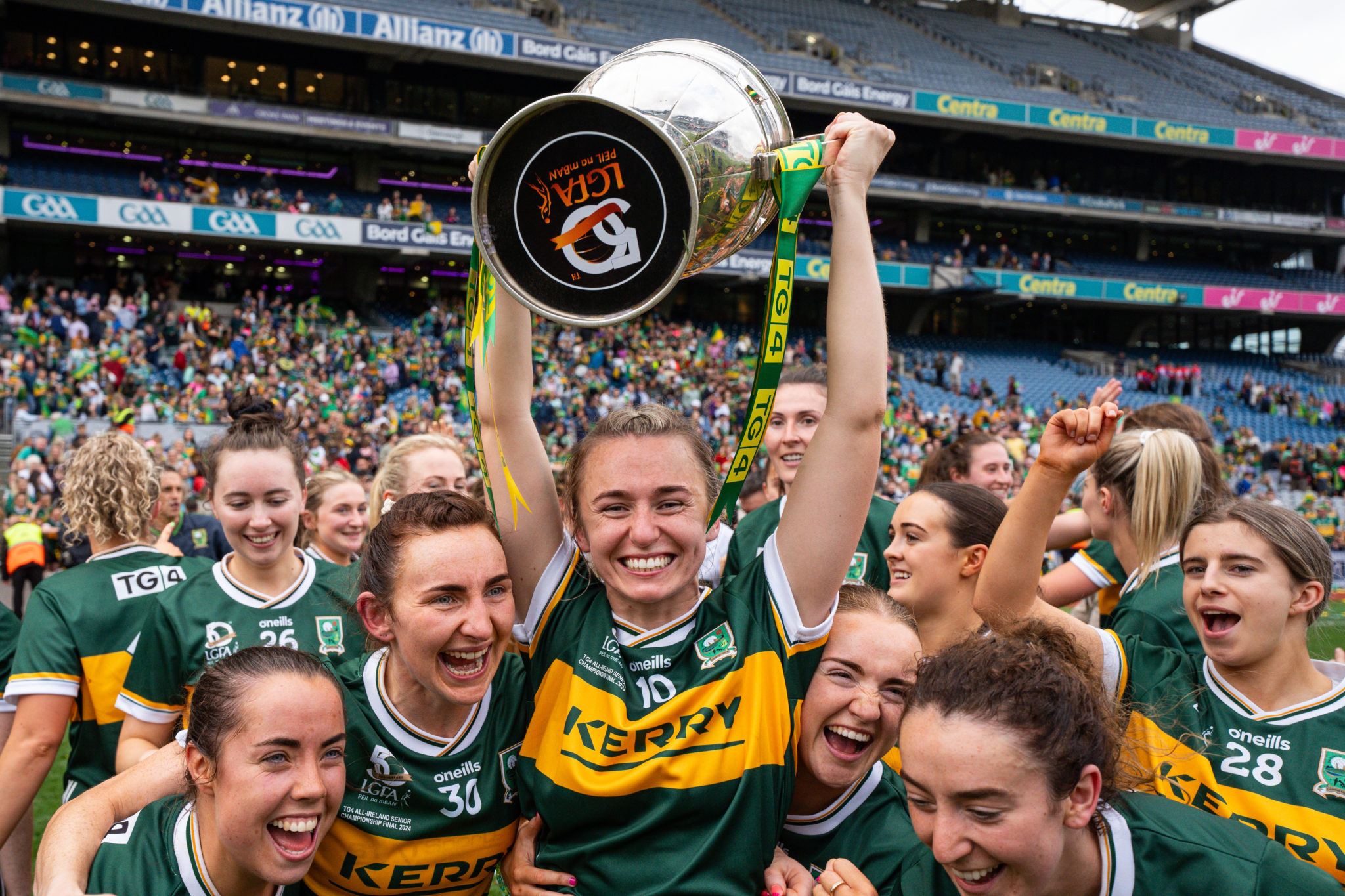 Niamh Carmody lifts the Brendan Martin Cup during Kerry's celebrations after Kerry v Galway in the TG4 LGFA All-Ireland Ladies Senior Football Championship Final at Croke Park, Dublin