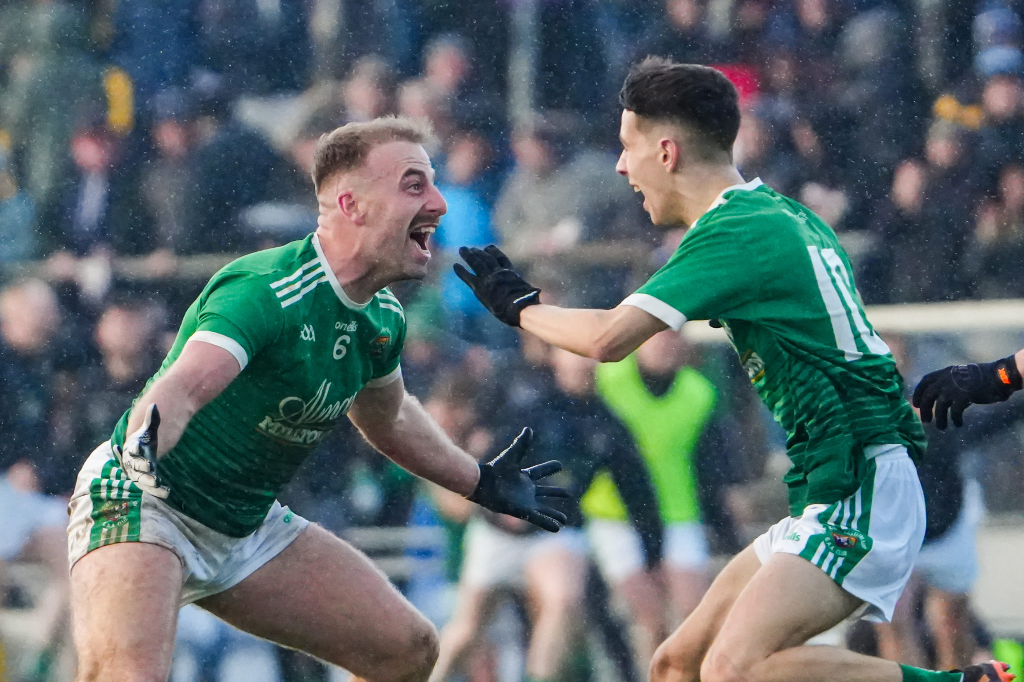 David Roche and Brendan Casey of Milltown/Castlemaine celebrate at the final whistle with their victory over Fossa in the Kerry Petroleum Intermediate Club Football Championship Final | Photo by David Corkey Radio Kerry Sport