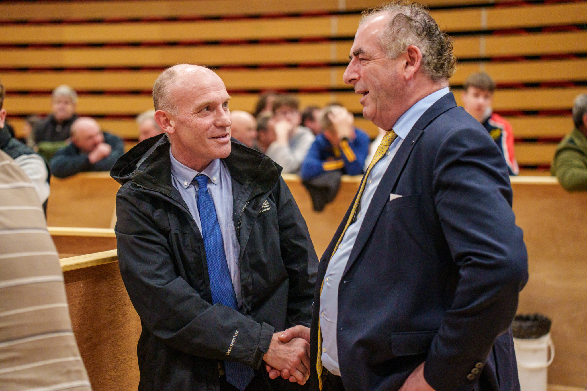 Billy O’Shea and Michael Cahill meet at the Kerry constituency count centre in Killarney Sports and Leisure Centre