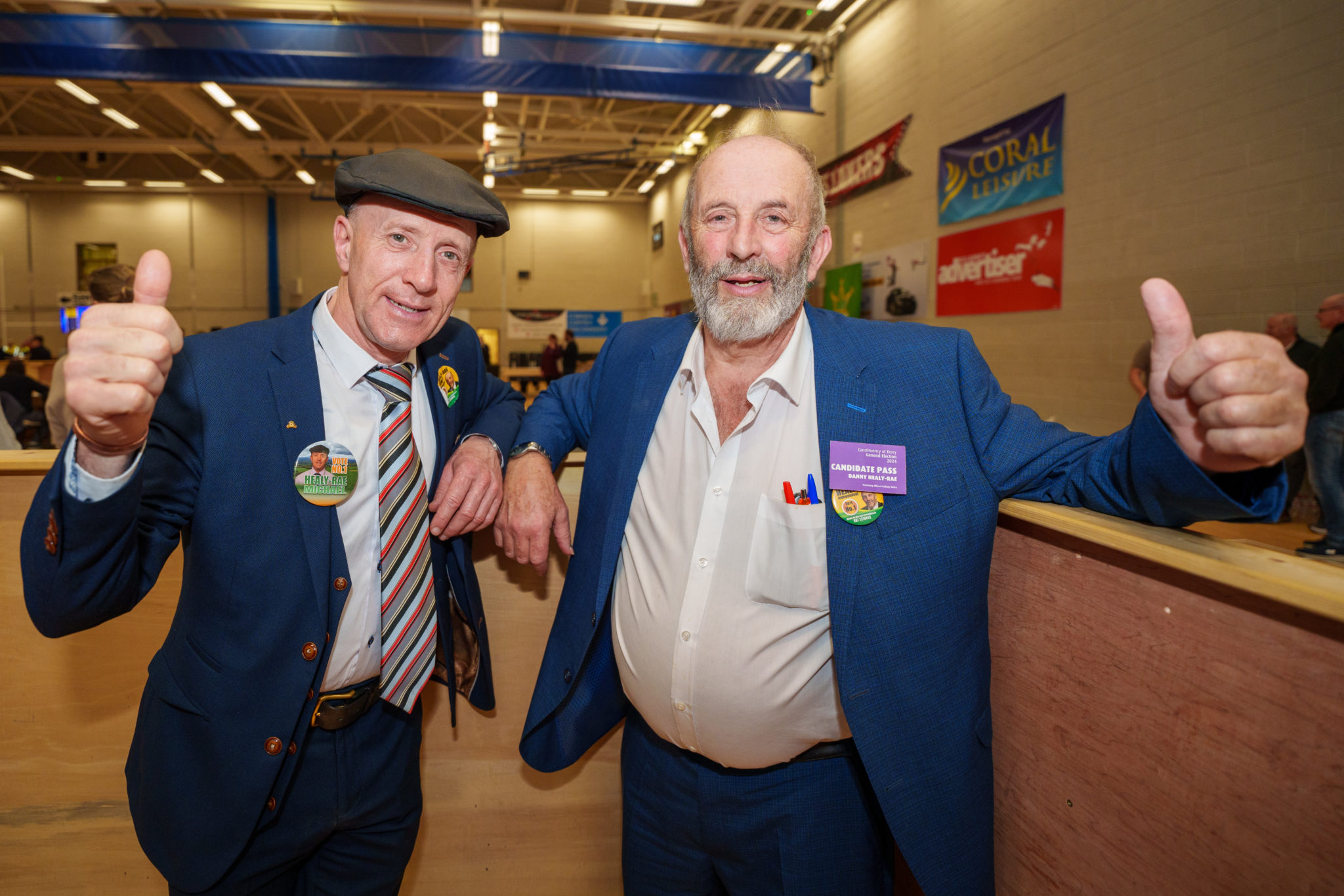 Michael and Danny Healy-Rae celebrate after being elected in Kerry. Photo: David Corkey/Radio Kerry