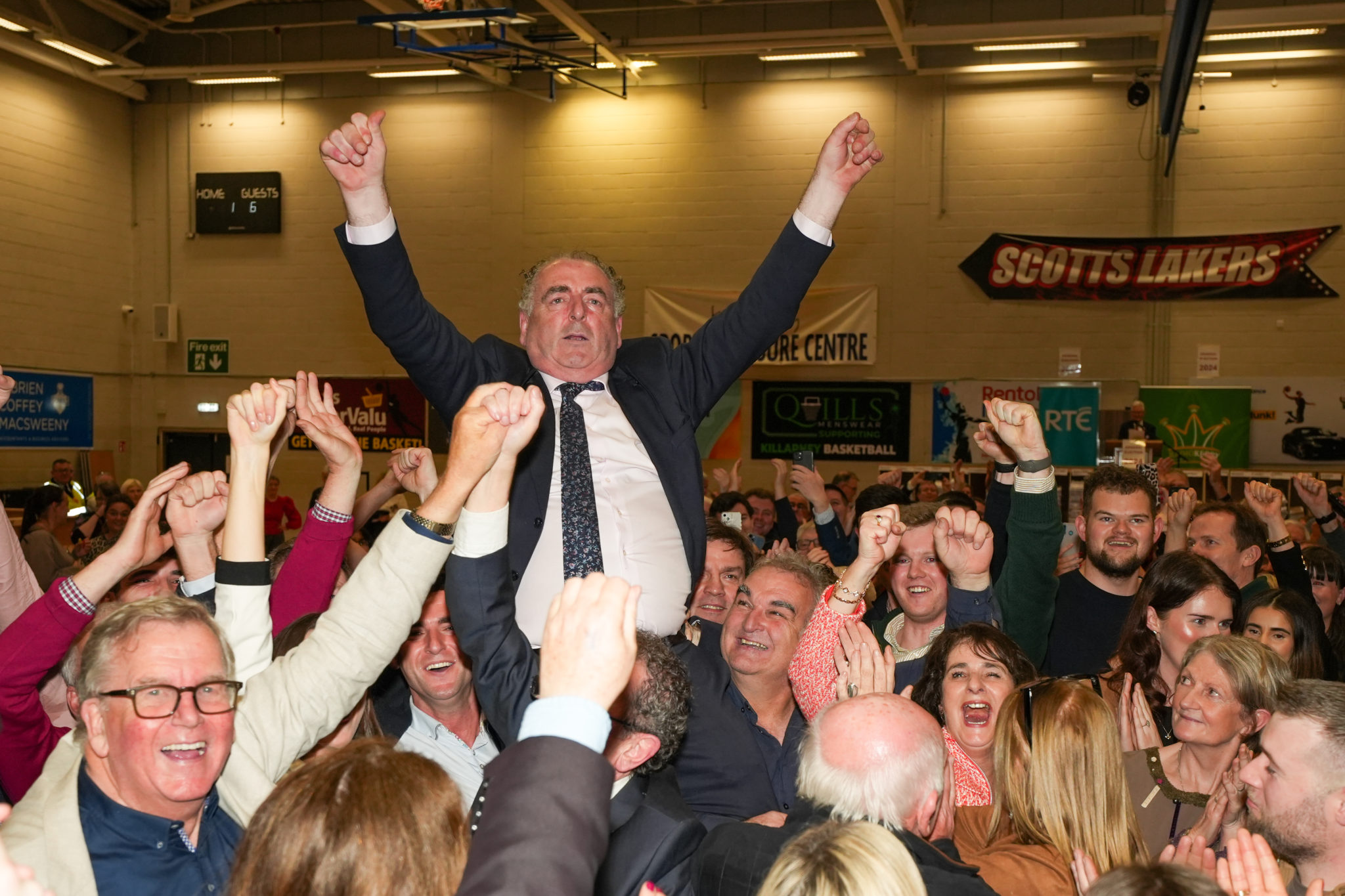 Michael Cahill celebrate after being elected in Kerry. Photo: David Corkey/Radio Kerry