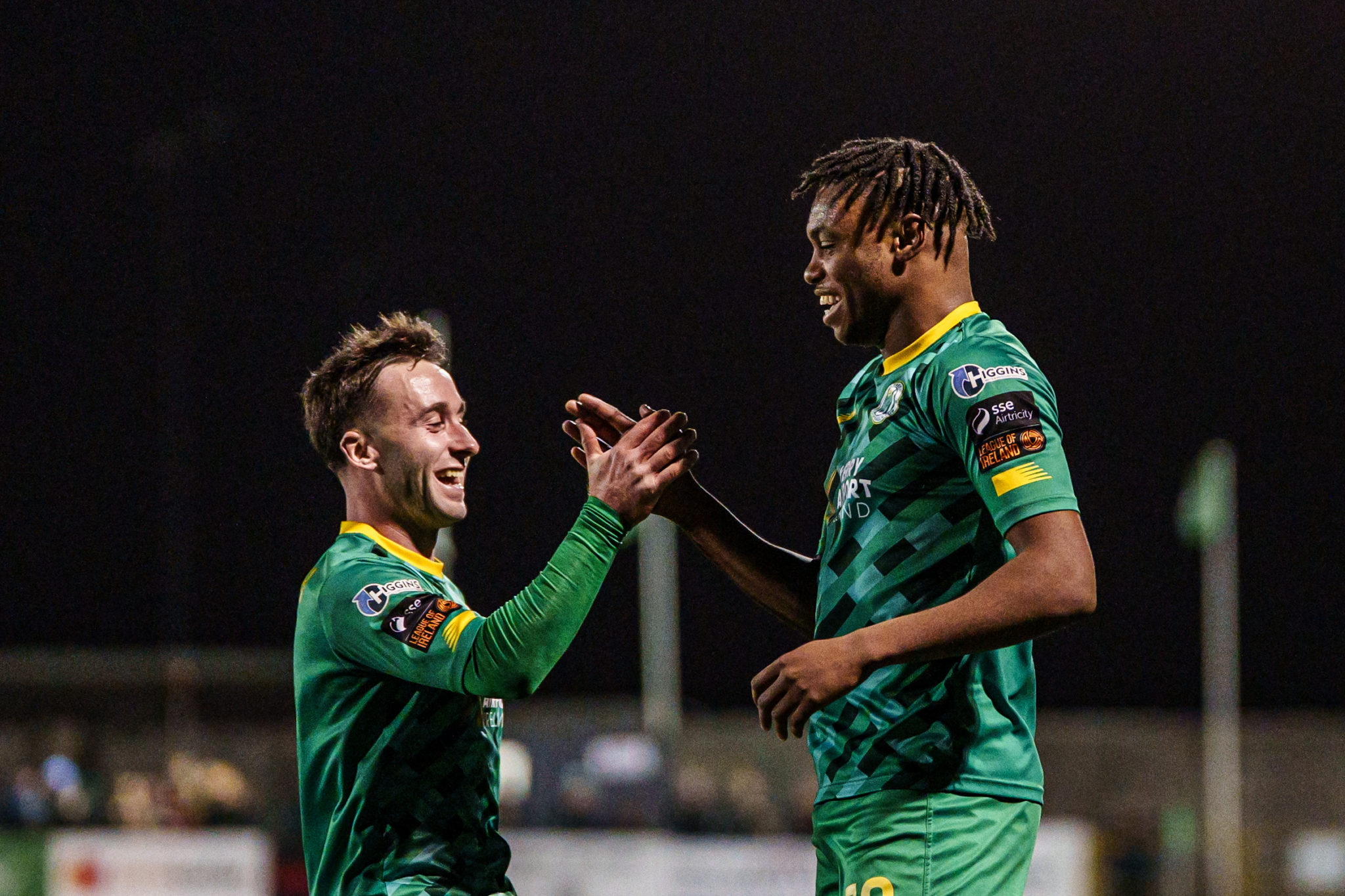 Kerry FC’s Kennedy Amechi celebrates with Sean McGrath after scoring Kerry FC’s second goal against Athlone Town in the SSE Airtricity League of Ireland First Division at Mounthawk Park, Tralee. Photo: David Corkey /Radio Kerry Sport