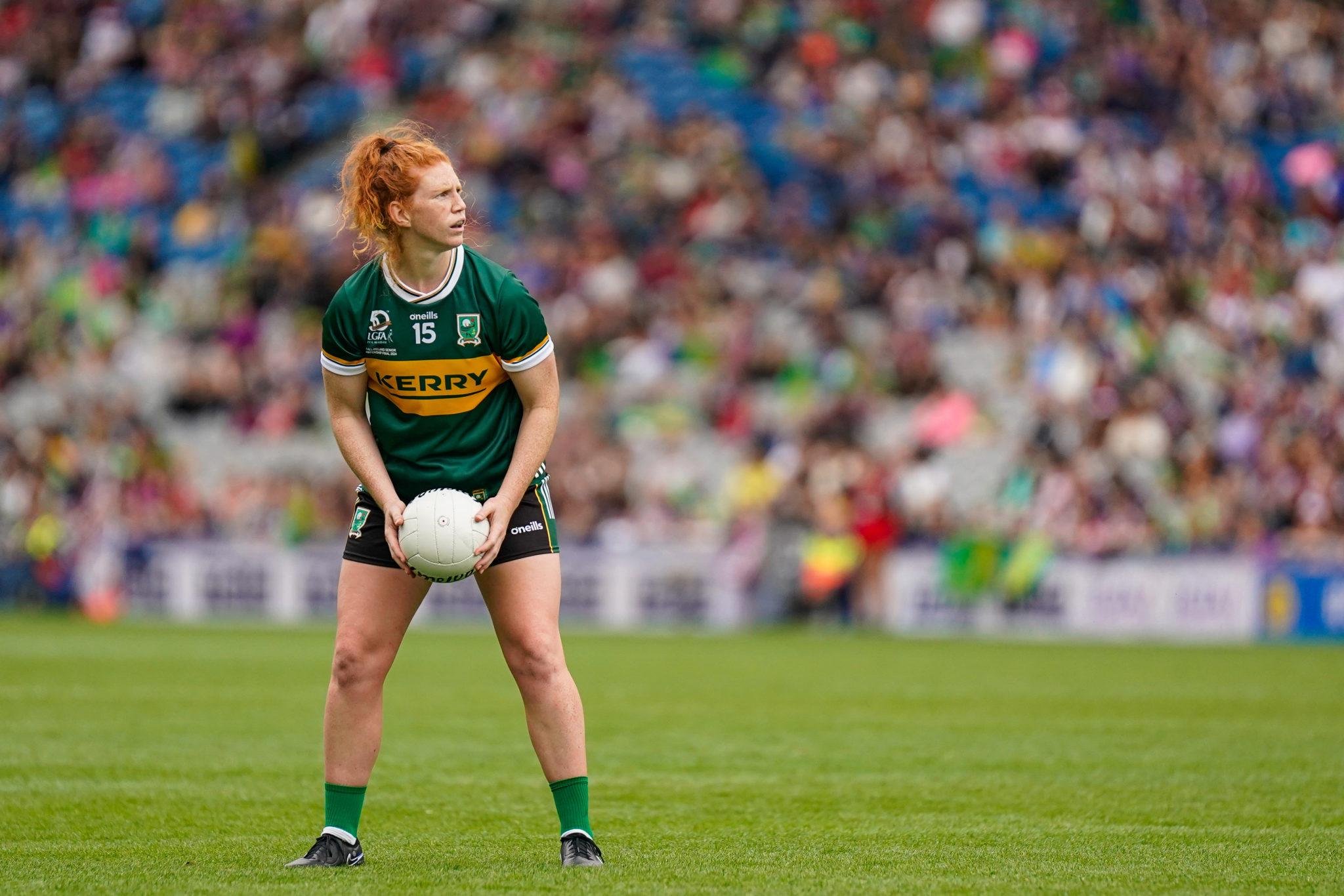 Louise Ní Mhuircheartaigh taking a free kick during Kerry v Galway in the TG4 LGFA All-Ireland Ladies Senior Football Championship Final at Croke Park, Dublin