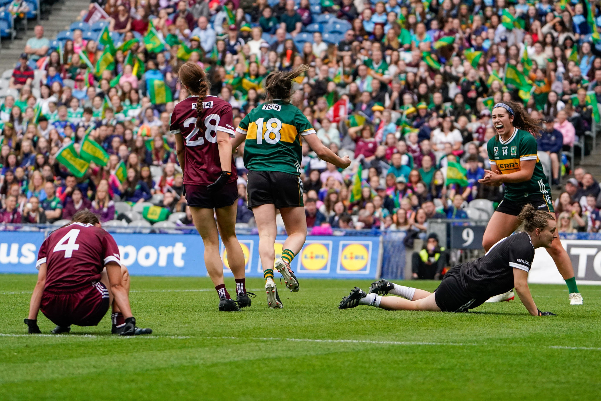 Hannah O'Donoghue and Emma Dineen celebrate during Kerry v Galway in the TG4 LGFA All-Ireland Ladies Senior Football Championship Final at Croke Park, Dublin