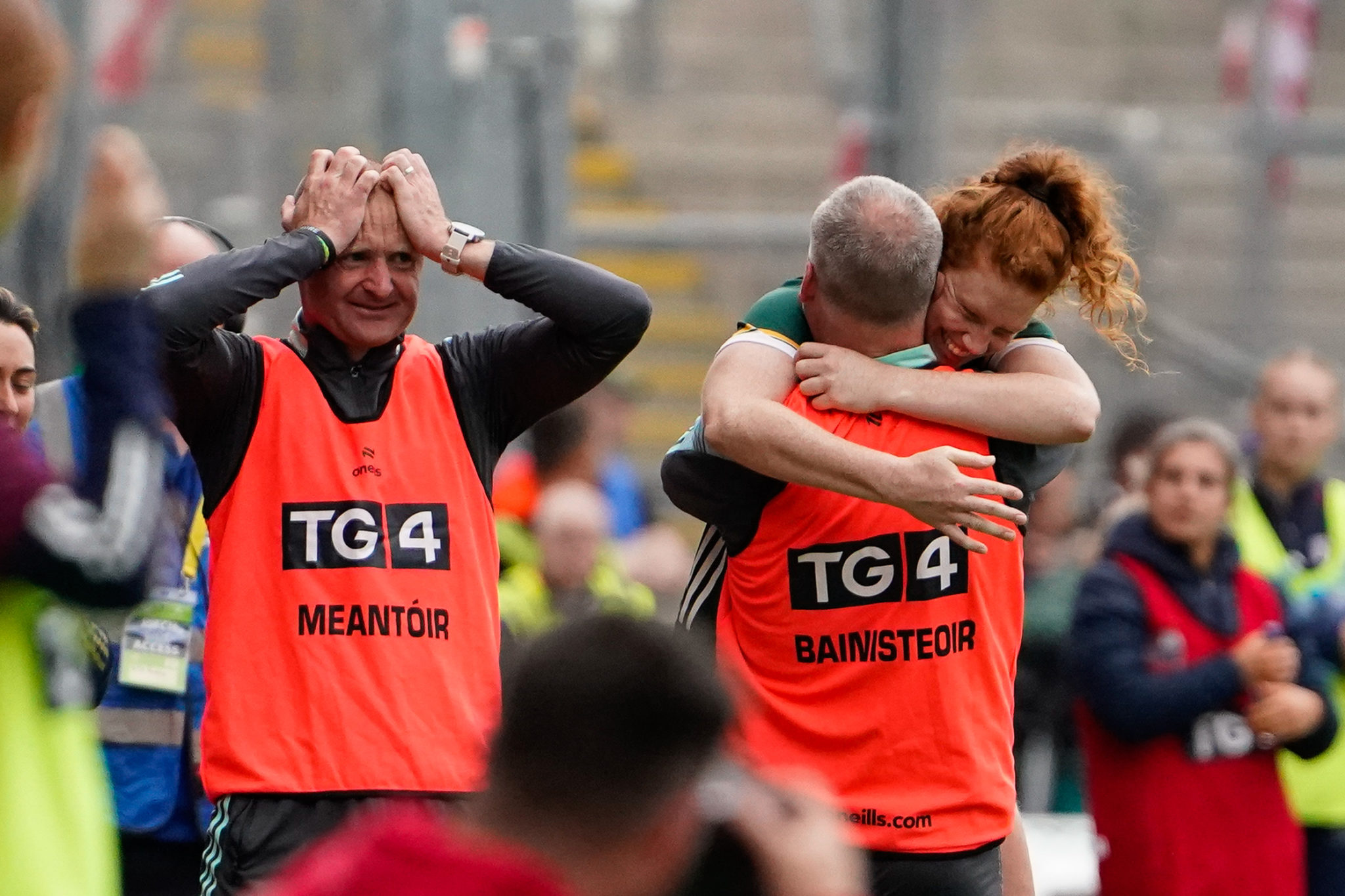 Louise Ní Mhuircheataigh celebrates with managers Declan Quill and Darragh Long during Kerry v Galway in the TG4 LGFA All-Ireland Ladies Senior Football Championship Final at Croke Park, Dublin