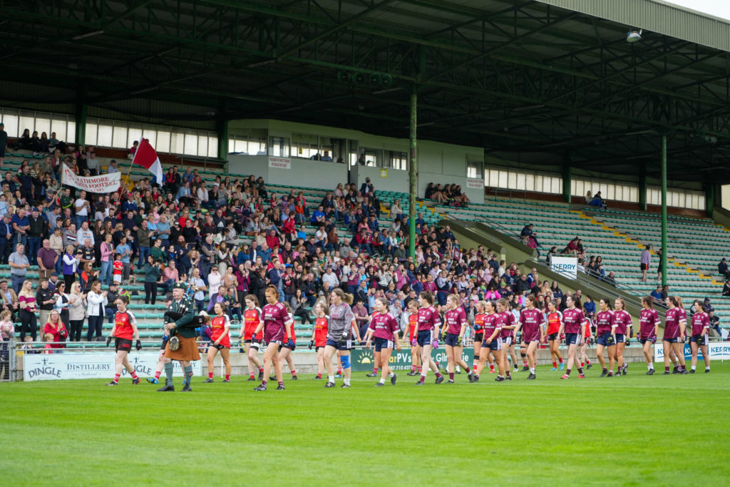 Rathmore LGFA and Scartaglin LGFA march ahead of the Bons Secours Ladies Intermediate Football Championship Final | Photo by David Corkey Radio Kerry Sport