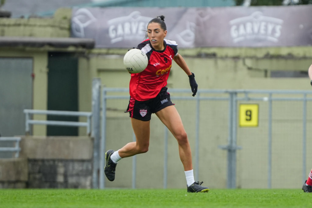 Rathmore's Katie Mahony in action against Scartaglin LGFA in the Bons Secours Ladies Intermediate Football Championship Final | Photo by David Corkey Radio Kerry Sport