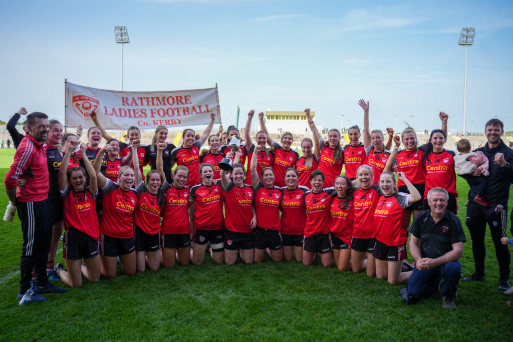 Rathmore LGFA celebrates winning the Bons Secours Ladies Intermediate Football Championship Final | Photo by David Corkey Radio Kerry Sport