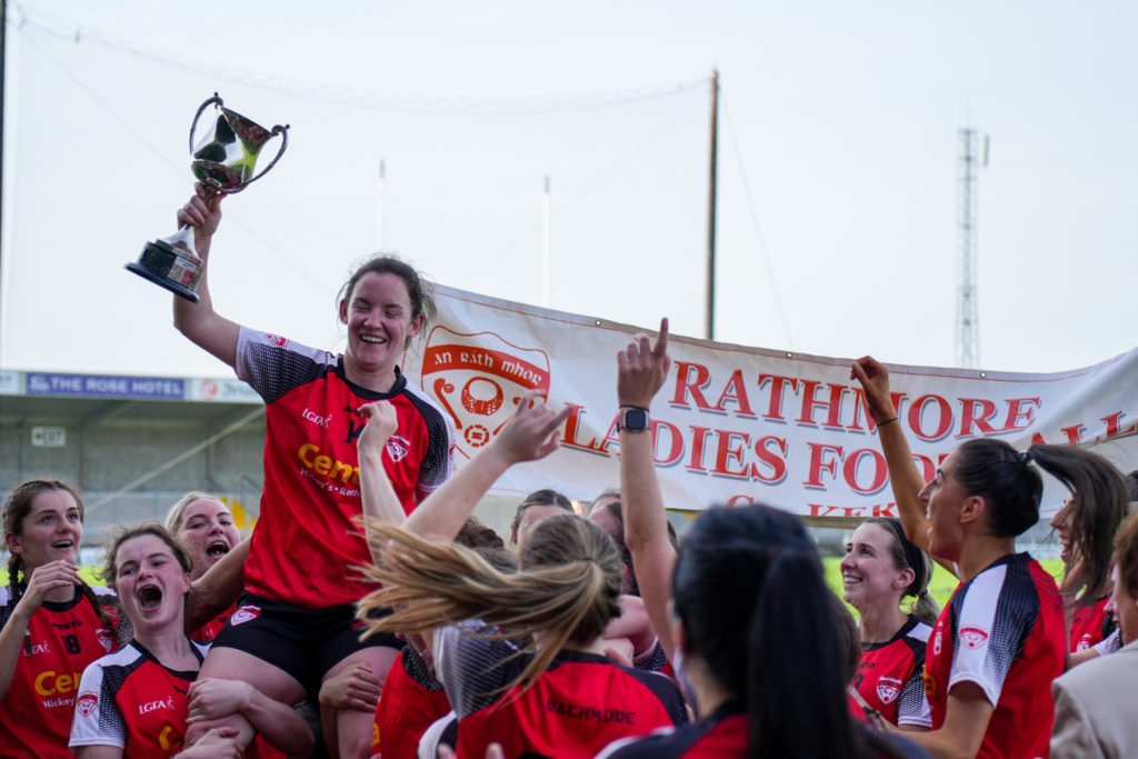 Rathmore LGFA captain Caroline Reen celebrates winning the Bons Secours Ladies Intermediate Football Championship Final | Photo by David Corkey Radio Kerry Sport