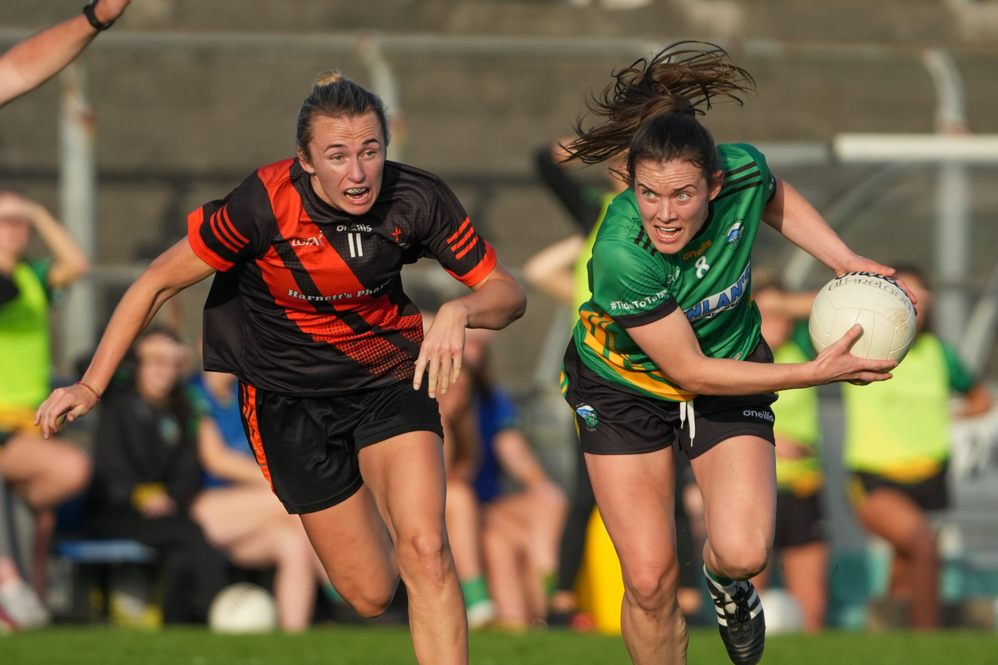 Southern Gaels LGFA's Anna Galvin in action against Finuge/St. Senans LGFA's Niamh Carmody in the Bons Secours Ladies Senior Football Championship Final | Photo by David Corkey Radio Kerry Sport
