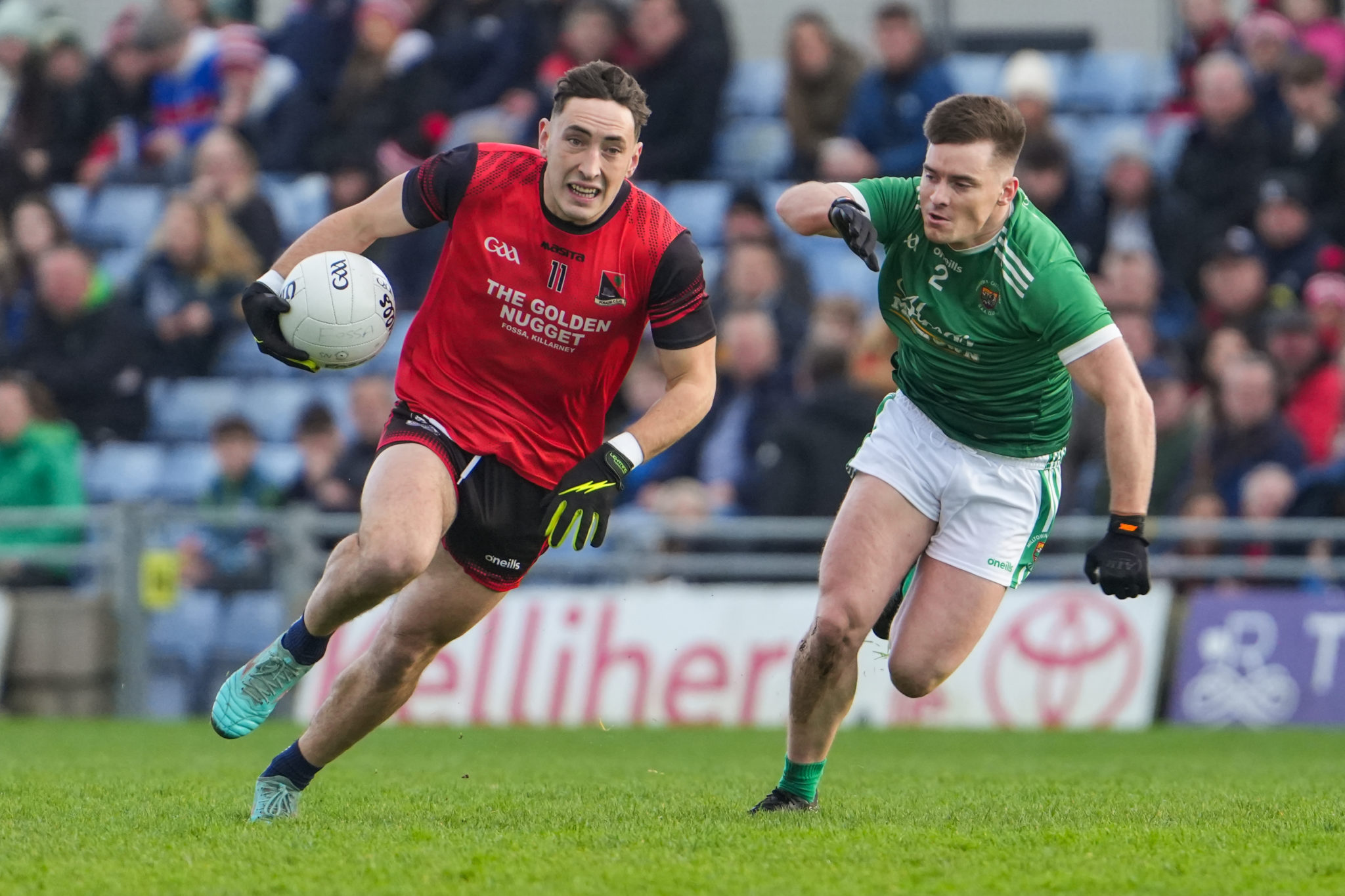 Paudie Clifford of Fossa takes on Milltown/Castlemaine's Gavin McKenna in the Kerry Petroleum Intermediate Club Football Championship Final | Photo by David Corkey Radio Kerry Sport