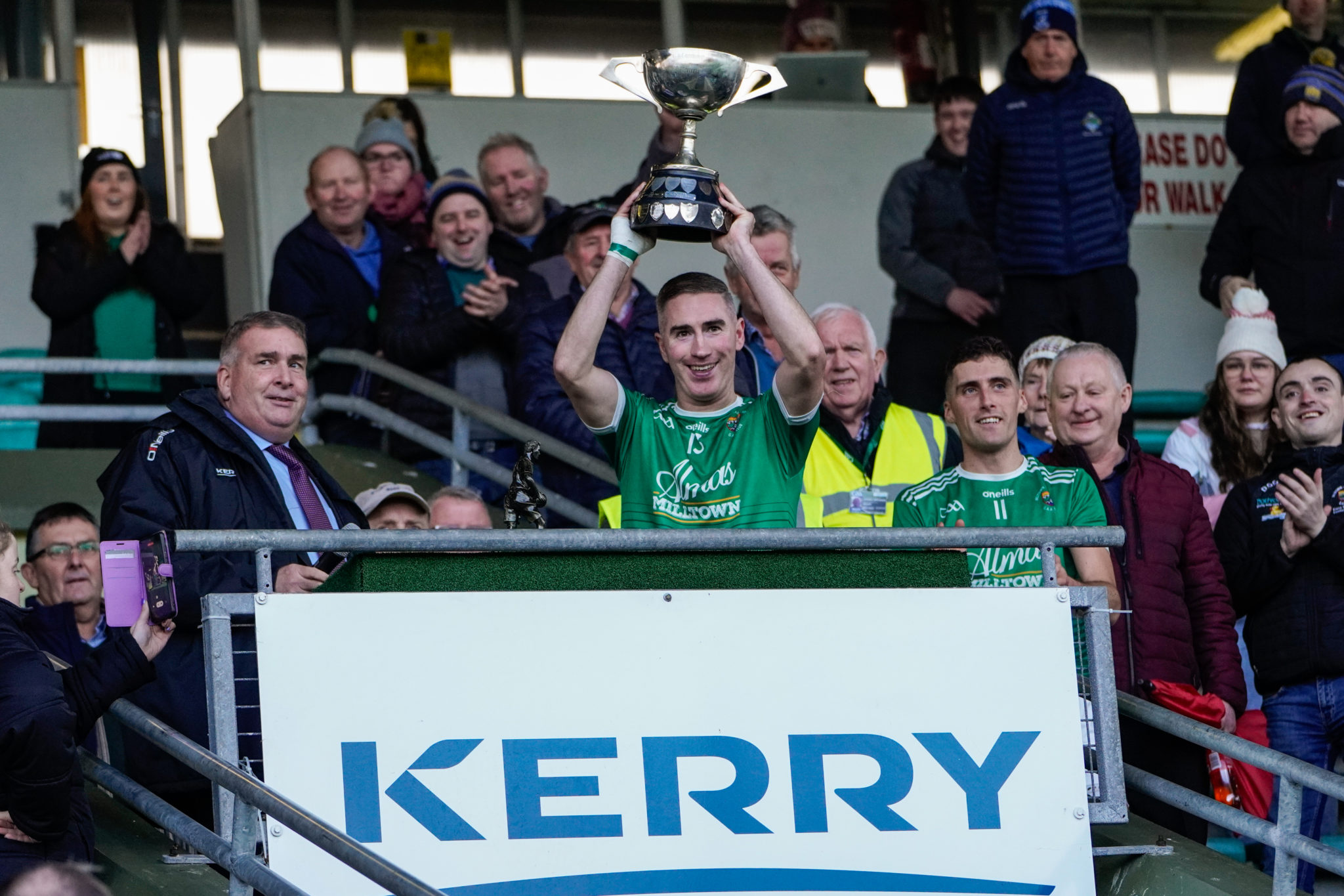 Milltown/Castlemaine captain Cathal Moriarty celebrates their victory over Fossa in the Kerry Petroleum Intermediate Club Football Championship Final | Photo by David Corkey Radio Kerry Sport