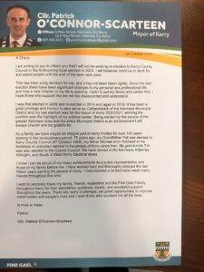 Cllr Patrick O'Connor-Scarteen's letter announcing he won't run in the 2024 local elections issued October 2023 