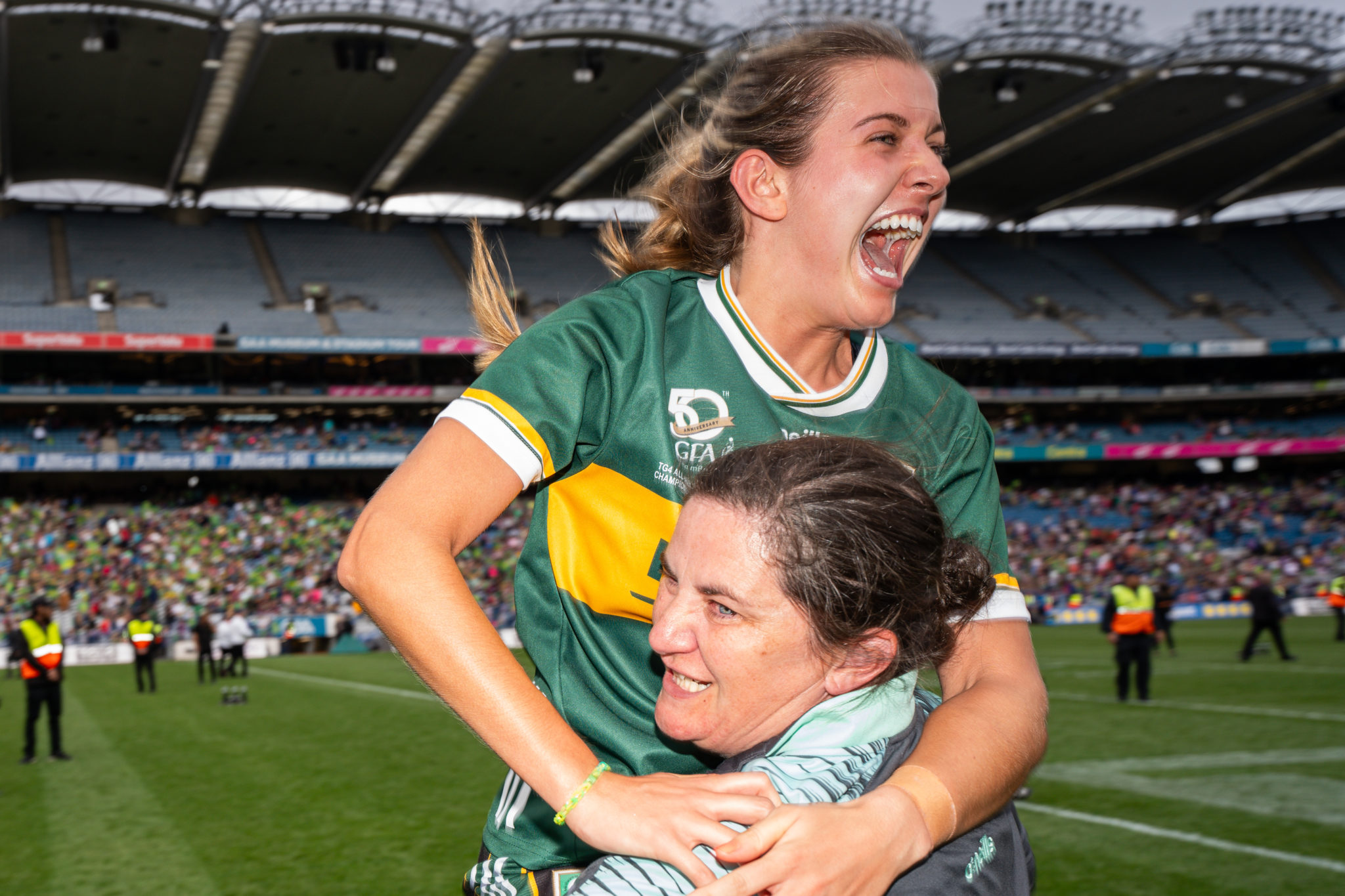 Ciara Murphy and Anna Maria O'Donoghue celebrate after Kerry v Galway in the TG4 LGFA All-Ireland Ladies Senior Football Championship Final at Croke Park, Dublin