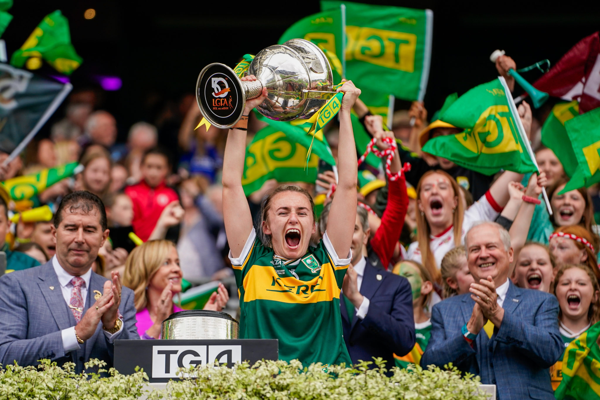 Kerry Captain Niamh Carmody lifts the Brendan Martin Cup after Kerry win the All-Ireland Final